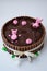 Beautiful closeup of a chocolate cake with a design of pigsty with swines