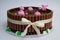 Beautiful closeup of a chocolate cake with a design of pigsty with swines