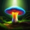 beautiful closeup fantasy magic mushroom in fairy forest, fireflies background