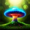 beautiful closeup fantasy magic mushroom in fairy forest, fireflies background