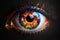 Beautiful closeup image of an eye with fire flames. Generative AI