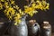 Beautiful closeup of unique handmade pot with wooden detail and branches of Forsythia in black vase