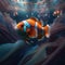 Beautiful clownfish underwater on coral reefs, generative ai