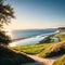 a beautiful coastal and dike landscape panorama with water stones fields and for...