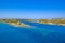 Beautiful coastline Balearis Minor with azure color of the sea and blue sky, top view, Spain
