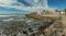 Beautiful coastline in the tourist resort Playa de las Americas. Super wide angle panoramic view. Clear sunny day with very few