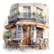 beautiful coffee shop, French cafe architecture watercolor painted illustration