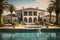 Beautiful Colonial Style Luxury House Home Building with Swimming Pool and Park on a Bright Day