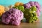 Beautiful colored cauliflowers in the kitchen: green romanesco