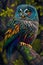 Beautiful colored owl on a branch, ai midjourney illustration