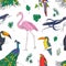 Beautiful colored seamless pattern with tropical birds and exotic leaves hand drawn on white background. Colorful vector