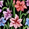 Beautiful colorful amaryllis flowers with green leaves on black background. Seamless spring pattern. Watercolor painting.