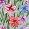 Beautiful colorful amaryllis flowers with green leaves on gray background. Seamless spring pattern. Watercolor painting.