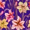 Beautiful colorful amaryllis flowers with purple leaves on blue background. Seamless spring pattern. Watercolor painting.