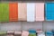 Beautiful colorful bath towels made from bamboo pulp for good health hanging for sale in shopping mall or department store in