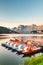 Beautiful Colorful Boats at Lake Misurina in Italian Dolomites at Sunrise