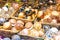 Beautiful colorful christmas decorations and balls in Wien Rathaus Market, Austria