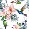 Beautiful colorful colibri and pink plumeria flowers on white background. Exotic tropical seamless pattern. Watecolor painting.