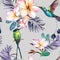 Beautiful colorful colibri and plumeria flowers on gray background. Exotic tropical seamless pattern. Watecolor painting.