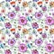 Beautiful colorful cosmos flowers with leaves on white background. Seamless floral pattern. Watercolor painting.