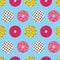 Beautiful colorful cute pink and yellow donuts circle realistic many taste pattern on blue