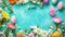 Beautiful colorful Easter banner. Frame from aster and daisy flowers of various colors Easter eggs on blue turquoise wood