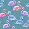 Beautiful colorful flamingo on blue background. Bright exotic seamless pattern. Watercolor painting.