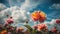 Beautiful colorful flowers with blue sky and clouds background, Idyllic Meadow.