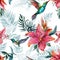 Beautiful colorful flying hummingbirds and red lily flowers on white background. Exotic tropical seamless pattern.