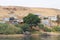 Beautiful colorful houses on an island in Aswan in the middle of greenery on the Nile shore