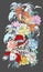 Beautiful, colorful Koi carp with water splash, lotus and peony flower.