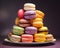 beautiful colorful macarons cookies on dark background generative AI