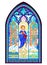 Beautiful colorful medieval stained glass window. Gothic architectural style. Illustration of the virgin. Architecture in France
