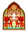 Beautiful colorful medieval stained glass window. Gothic architectural style with pointed arch. Painting of ancient legendary red