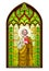 Beautiful colorful medieval stained glass window with holy Apostle Saint Patrick.