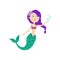 Beautiful colorful mermaid with violet hair and green tail