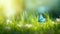 Beautiful colorful natural spring summer background with grass and a fluttering butterfly on a bright sunny day