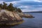 Beautiful colorful Norwegian seascape with trees and rocky coast