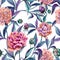 Beautiful colorful peony flowers with green and purple leaves on white background. Seamless floral pattern. Watercolor painting.