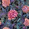 Beautiful colorful peony flowers with leaves, buds and gray outlines on black background. Seamless floral pattern.