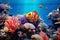 Beautiful colorful sea fish live in an aquarium among various algae and corals. Rare fish species in the aquarium. Red