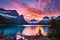 Beautiful colorful sunset over St. Mary Lake and wild goose island in Glacier national park