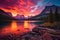 Beautiful colorful sunset over St. Mary Lake and wild goose island in Glacier national park