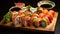 Beautiful and Colorful Sushi Display, Exquisite Japanese Culinary Art in Vibrant Photo