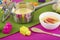 Beautiful colorful useful baby food on a bright background