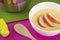 Beautiful colorful useful baby food on a bright background