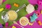 Beautiful colorful useful baby food on a bright background