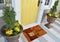 Beautiful Colorful Welcome zute doormat with Tree and Night Owl outside home with yellow flowers and leaves