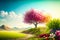 A beautiful colourful spring landscape with a pink flowering tree. Created with Generative AI