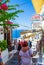 Beautiful commercial street tourist attraction Fira Santorini Greece